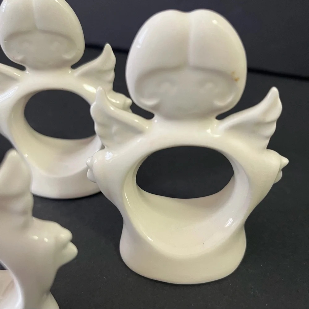 Vintage White Ceramic Angel Christmas Napkin Rings Holders Kitsch Retro MCM 5x